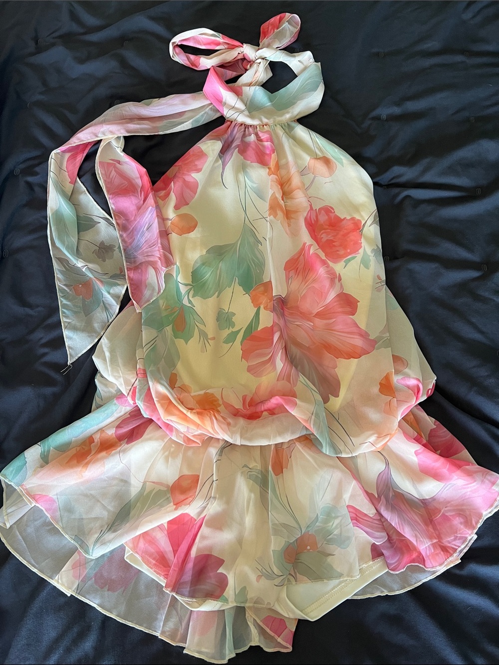 Floral Backless Halter Romper/ Dress in Pastel Yellow, Pink & Green- Lined